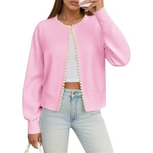 Saodimallsu Womens Fall Open Front Cardigan Sweaters Pearl Long Sleeve Knit Tops Crewneck Dressy Casual Sweater Jacket(Pink)