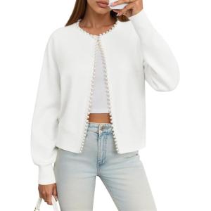 Saodimallsu Womens Fall Open Front Cardigan Sweaters Pearl Long Sleeve Knit Tops Crewneck Dressy Casual Sweater Jacket(White)
