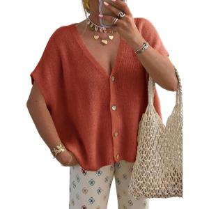 Saodimallsu Womens Fall Oversized Cardigans Batwing Short Sleeve Lightweight Button V Neck Casual Knit Sweater Tops(Brick Red)