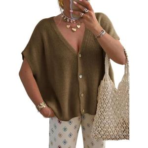Saodimallsu Womens Fall Oversized Cardigans Batwing Short Sleeve Lightweight Button V Neck Casual Knit Sweater Tops(Coffee)