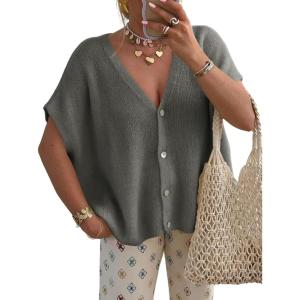 Saodimallsu Womens Fall Oversized Cardigans Batwing Short Sleeve Lightweight Button V Neck Casual Knit Sweater Tops(Dark Gray)