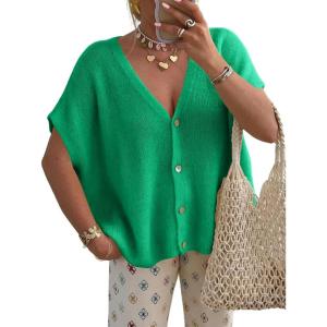 Saodimallsu Womens Fall Oversized Cardigans Batwing Short Sleeve Lightweight Button V Neck Casual Knit Sweater Tops(Fruit Green)