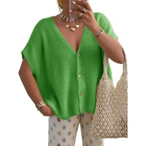 Saodimallsu Womens Fall Oversized Cardigans Batwing Short Sleeve Lightweight Button V Neck Casual Knit Sweater Tops(Grass Green)