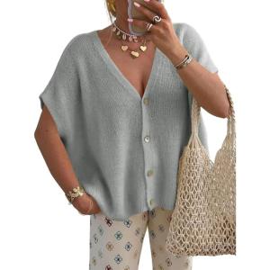 Saodimallsu Womens Fall Oversized Cardigans Batwing Short Sleeve Lightweight Button V Neck Casual Knit Sweater Tops(Gray)