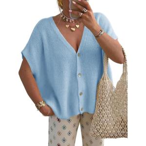 Saodimallsu Womens Fall Oversized Cardigans Batwing Short Sleeve Lightweight Button V Neck Casual Knit Sweater Tops(Light Blue)