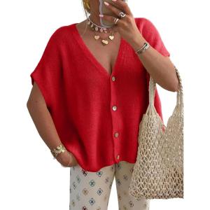 Saodimallsu Womens Fall Oversized Cardigans Batwing Short Sleeve Lightweight Button V Neck Casual Knit Sweater Tops(Red)