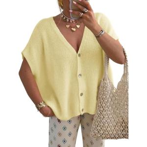 Saodimallsu Womens Fall Oversized Cardigans Batwing Short Sleeve Lightweight Button V Neck Casual Knit Sweater Tops(Yellow)