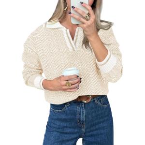 Saodimallsu Womens Fall Sweaters Tops Lapel V Neck Knit Sweater Color Block Long Sleeve Casual Soft Pullover Shirt(Apricot)