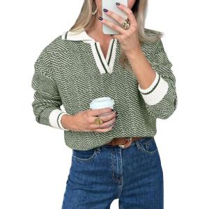 Saodimallsu Womens Fall Sweaters Tops Lapel V Neck Knit Sweater Color Block Long Sleeve Casual Soft Pullover Shirt(Army Green)