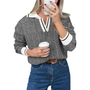 Saodimallsu Womens Fall Sweaters Tops Lapel V Neck Knit Sweater Color Block Long Sleeve Casual Soft Pullover Shirt(Black)