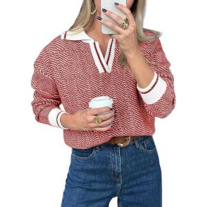 Saodimallsu Womens Fall Sweaters Tops Lapel V Neck Knit Sweater Color Block Long Sleeve Casual Soft Pullover Shirt(Brick Red)