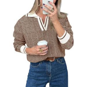 Saodimallsu Womens Fall Sweaters Tops Lapel V Neck Knit Sweater Color Block Long Sleeve Casual Soft Pullover Shirt(Coffee)