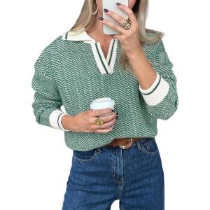 Saodimallsu Womens Fall Sweaters Tops Lapel V Neck Knit Sweater Color Block Long Sleeve Casual Soft Pullover Shirt(Green)