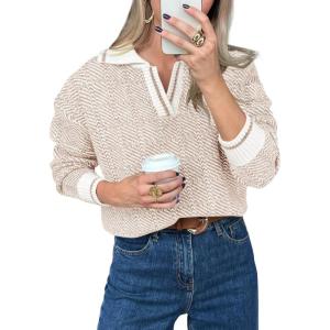 Saodimallsu Womens Fall Sweaters Tops Lapel V Neck Knit Sweater Color Block Long Sleeve Casual Soft Pullover Shirt(Khaki)