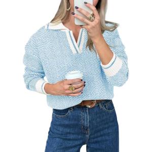 Saodimallsu Womens Fall Sweaters Tops Lapel V Neck Knit Sweater Color Block Long Sleeve Casual Soft Pullover Shirt(Light Blue)