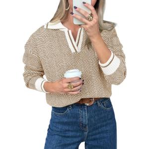 Saodimallsu Womens Fall Sweaters Tops Lapel V Neck Knit Sweater Color Block Long Sleeve Casual Soft Pullover Shirt(Light Brown)