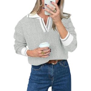 Saodimallsu Womens Fall Sweaters Tops Lapel V Neck Knit Sweater Color Block Long Sleeve Casual Soft Pullover Shirt(Light Gray)
