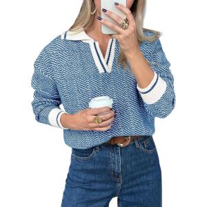 Saodimallsu Womens Fall Sweaters Tops Lapel V Neck Knit Sweater Color Block Long Sleeve Casual Soft Pullover Shirt(Navy)