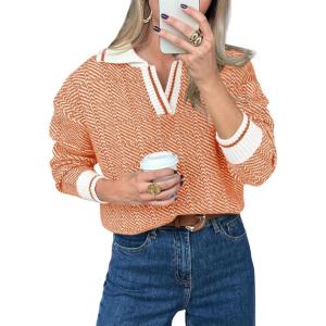 Saodimallsu Womens Fall Sweaters Tops Lapel V Neck Knit Sweater Color Block Long Sleeve Casual Soft Pullover Shirt(Orange)