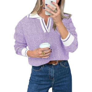 Saodimallsu Womens Fall Sweaters Tops Lapel V Neck Knit Sweater Color Block Long Sleeve Casual Soft Pullover Shirt(Purple)