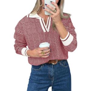 Saodimallsu Womens Fall Sweaters Tops Lapel V Neck Knit Sweater Color Block Long Sleeve Casual Soft Pullover Shirt(Red)