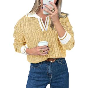 Saodimallsu Womens Fall Sweaters Tops Lapel V Neck Knit Sweater Color Block Long Sleeve Casual Soft Pullover Shirt(Yellow)