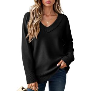 Saodimallsu Womens Fall Tunic Sweaters Long Sleeve Chunky Knit V Neck Casual Loose Fit Pullover Tops(Black)
