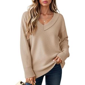Saodimallsu Womens Fall Tunic Sweaters Long Sleeve Chunky Knit V Neck Casual Loose Fit Pullover Tops(Khaki)