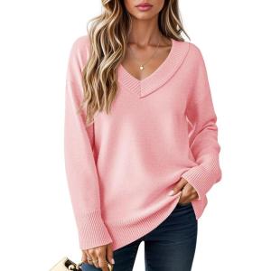 Saodimallsu Womens Fall Tunic Sweaters Long Sleeve Chunky Knit V Neck Casual Loose Fit Pullover Tops(Pink)
