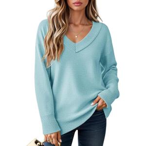 Saodimallsu Womens Fall Tunic Sweaters Long Sleeve Chunky Knit V Neck Casual Loose Fit Pullover Tops(Teal)