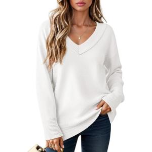 Saodimallsu Womens Fall Tunic Sweaters Long Sleeve Chunky Knit V Neck Casual Loose Fit Pullover Tops(White)