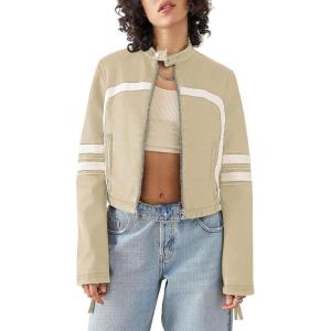 Saodimallsu Women’s Faux Leather Jackets Zip Up Stand Collar Cropped Motocross PU Coats(Apricot)