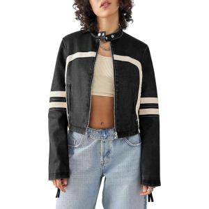 Saodimallsu Women’s Faux Leather Jackets Zip Up Stand Collar Cropped Motocross PU Coats(Black)