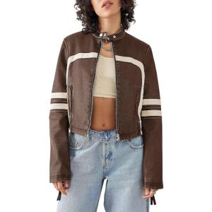 Saodimallsu Women’s Faux Leather Jackets Zip Up Stand Collar Cropped Motocross PU Coats(Brown)