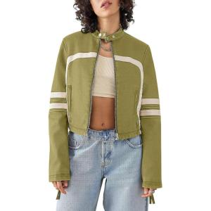 Saodimallsu Women’s Faux Leather Jackets Zip Up Stand Collar Cropped Motocross PU Coats(Green)