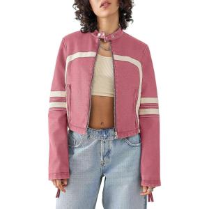 Saodimallsu Women’s Faux Leather Jackets Zip Up Stand Collar Cropped Motocross PU Coats(Pink)