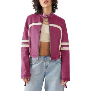 Saodimallsu Women’s Faux Leather Jackets Zip Up Stand Collar Cropped Motocross PU Coats(Purple)