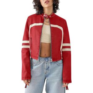 Saodimallsu Women’s Faux Leather Jackets Zip Up Stand Collar Cropped Motocross PU Coats(Red)