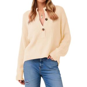 Saodimallsu Womens Henley Sweater Tops Fall Button Crew Neck Long Sleeve Trendy Loose Ribbed Knit Pullover Sweaters(Apricot)