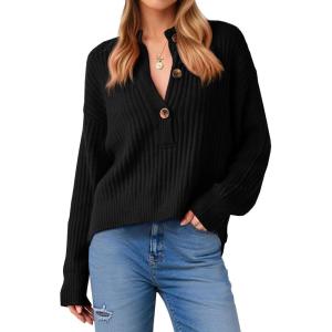 Saodimallsu Womens Henley Sweater Tops Fall Button Crew Neck Long Sleeve Trendy Loose Ribbed Knit Pullover Sweaters(Black)