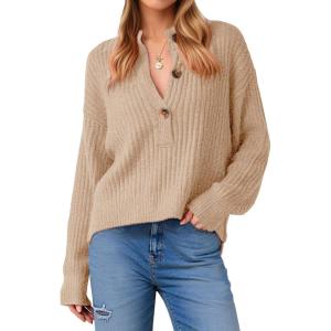 Saodimallsu Womens Henley Sweater Tops Fall Button Crew Neck Long Sleeve Trendy Loose Ribbed Knit Pullover Sweaters(Camel)
