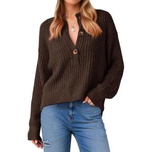 Saodimallsu Womens Henley Sweater Tops Fall Button Crew Neck Long Sleeve Trendy Loose Ribbed Knit Pullover Sweaters(Coffee)