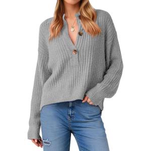 Saodimallsu Womens Henley Sweater Tops Fall Button Crew Neck Long Sleeve Trendy Loose Ribbed Knit Pullover Sweaters(Grey)