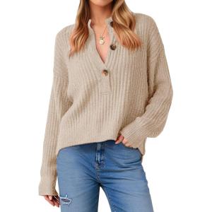 Saodimallsu Womens Henley Sweater Tops Fall Button Crew Neck Long Sleeve Trendy Loose Ribbed Knit Pullover Sweaters(Light Khaki)