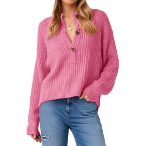 Saodimallsu Womens Henley Sweater Tops Fall Button Crew Neck Long Sleeve Trendy Loose Ribbed Knit Pullover Sweaters(Pink)