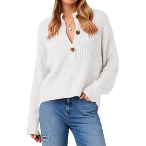 Saodimallsu Womens Henley Sweater Tops Fall Button Crew Neck Long Sleeve Trendy Loose Ribbed Knit Pullover Sweaters(White)