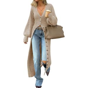 Saodimallsu Womens Long Cardigans V Neck Button Down Chunky Knit Dusters Sweater Coat Fall Trendy Maxi Sweater Dress(Apricot)