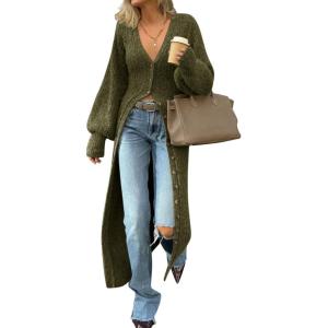 Saodimallsu Womens Long Cardigans V Neck Button Down Chunky Knit Dusters Sweater Coat Fall Trendy Maxi Sweater Dress(Army Green)