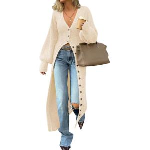 Saodimallsu Womens Long Cardigans V Neck Button Down Chunky Knit Dusters Sweater Coat Fall Trendy Maxi Sweater Dress(Beige)