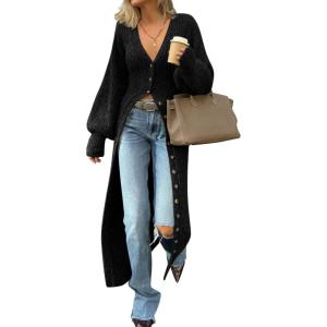 Saodimallsu Womens Long Cardigans V Neck Button Down Chunky Knit Dusters Sweater Coat Fall Trendy Maxi Sweater Dress(Black)